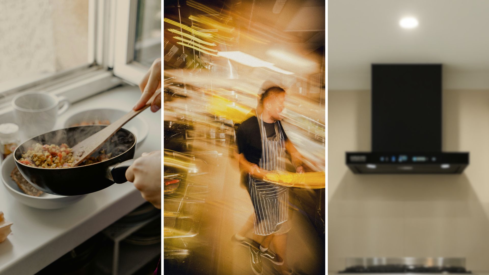 Collage showing cooking on a stovetop, a busy chef in motion, and a modern black Goldline wall mounted rangehood for the Pros and Cons of Having a Rangehood blog article.